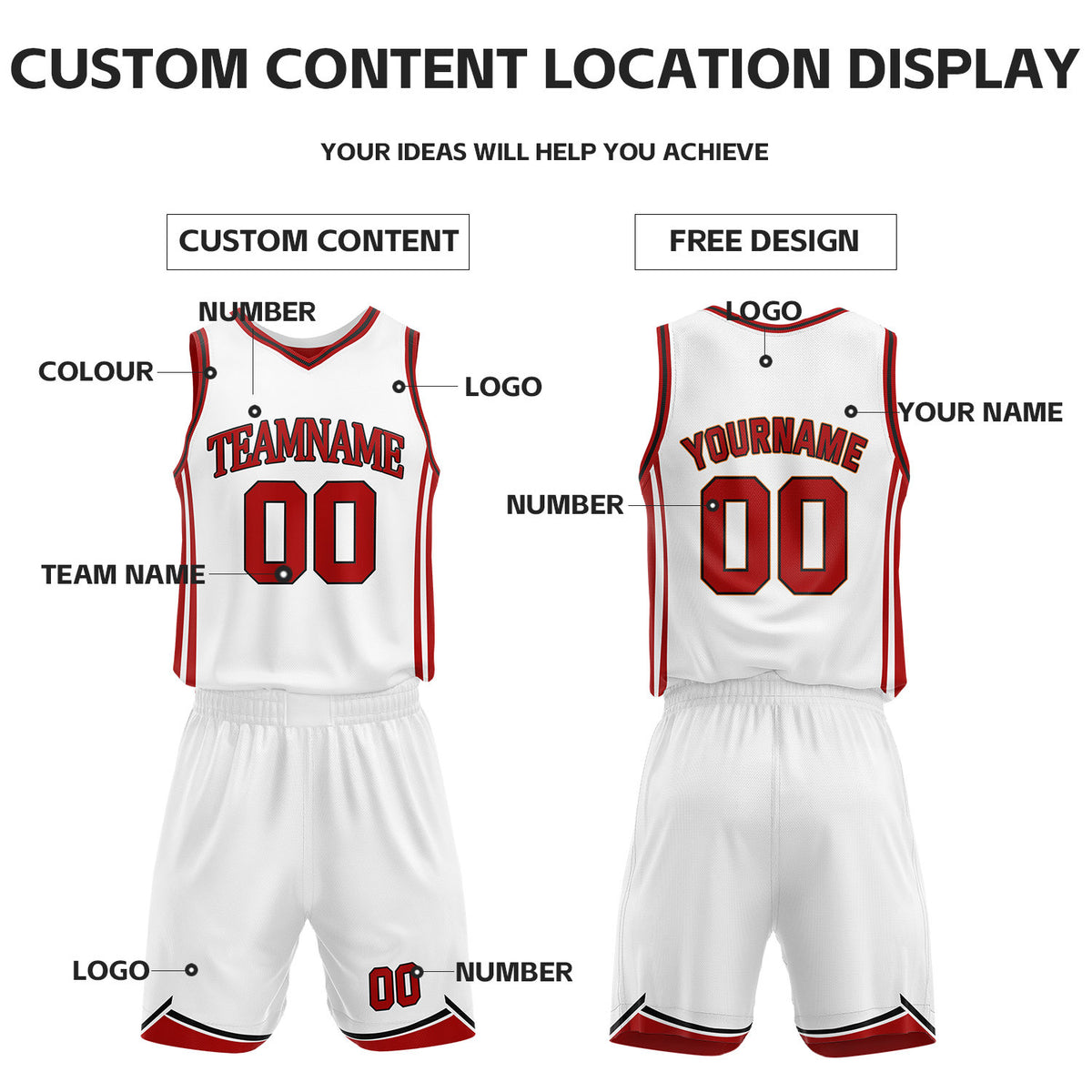 Custom Red & White Reversible Basketball Jersey Shorts Set | Personalized Full Vintage Team Uniform