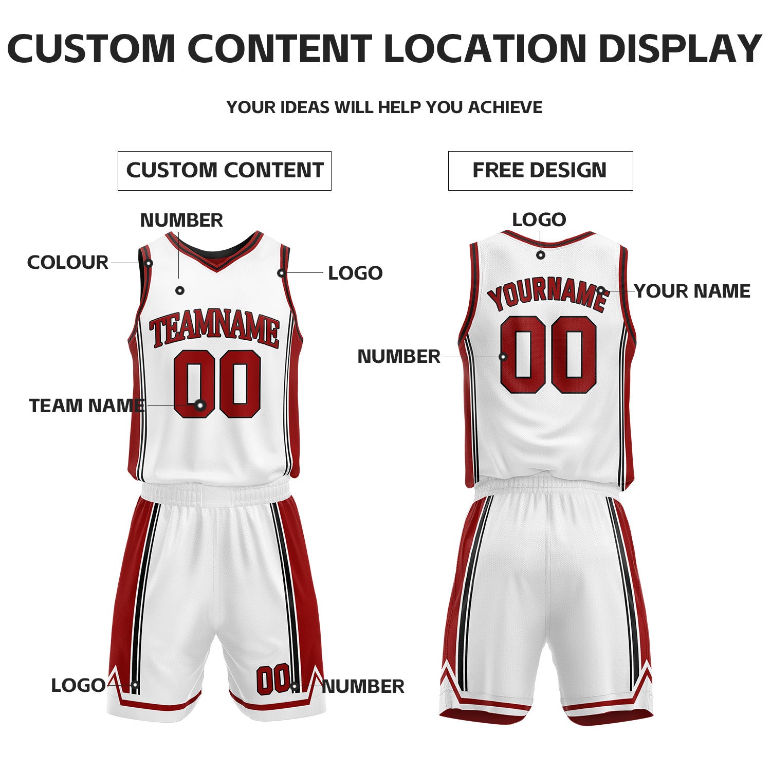 Custom Red & White Reversible Basketball Jersey Shorts Set | Personalized Full Vintage Team Uniform