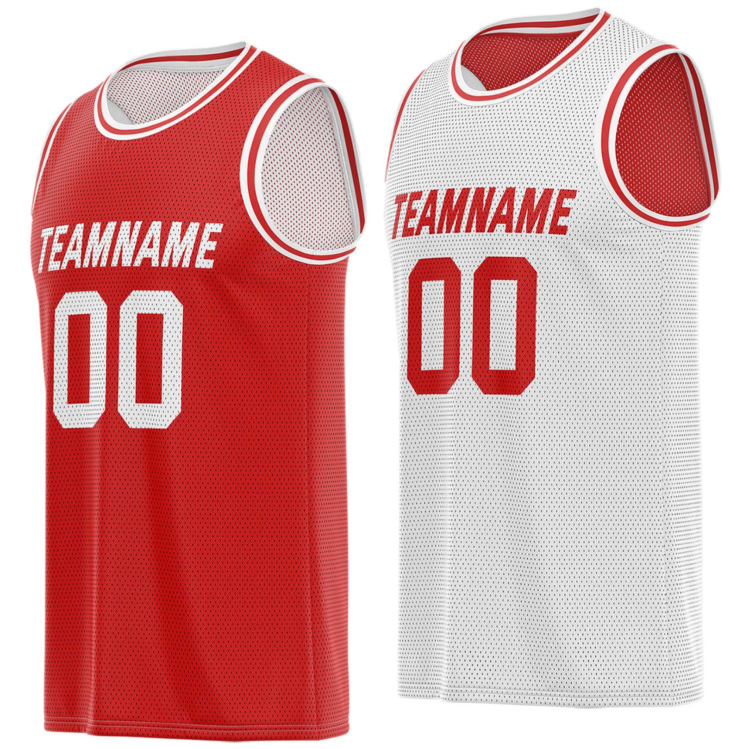 Custom red & white reversible basketball jersey, personalized team name number breathable mesh sports top with red trim for men women youth game practice - Vosoli