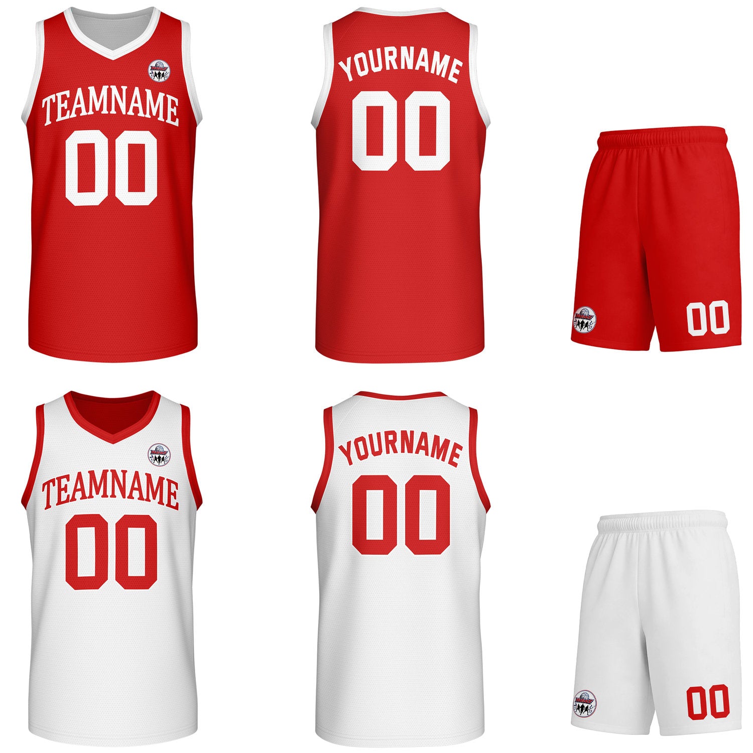 Custom red & white Reversible basketball uniform set, personalized team name number logo breathable mesh jersey and shorts men women youth game practice - Vosoli