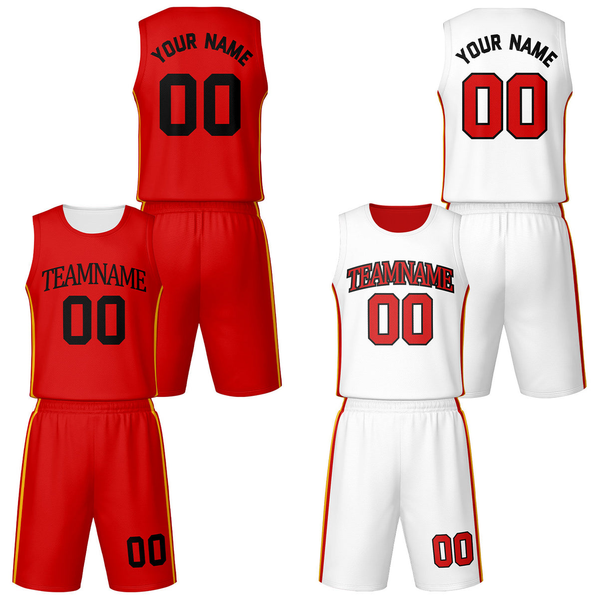 Custom red &amp; white reversible basketball jersey shorts set by Vosoli | Personalized team name number vintage uniform sportswear