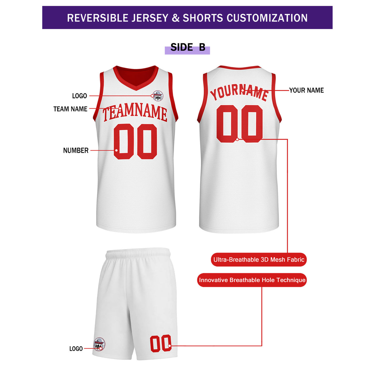 Custom Red & White Reversible Basketball Uniform Set | Personalized Team Name & Number - Vosoli