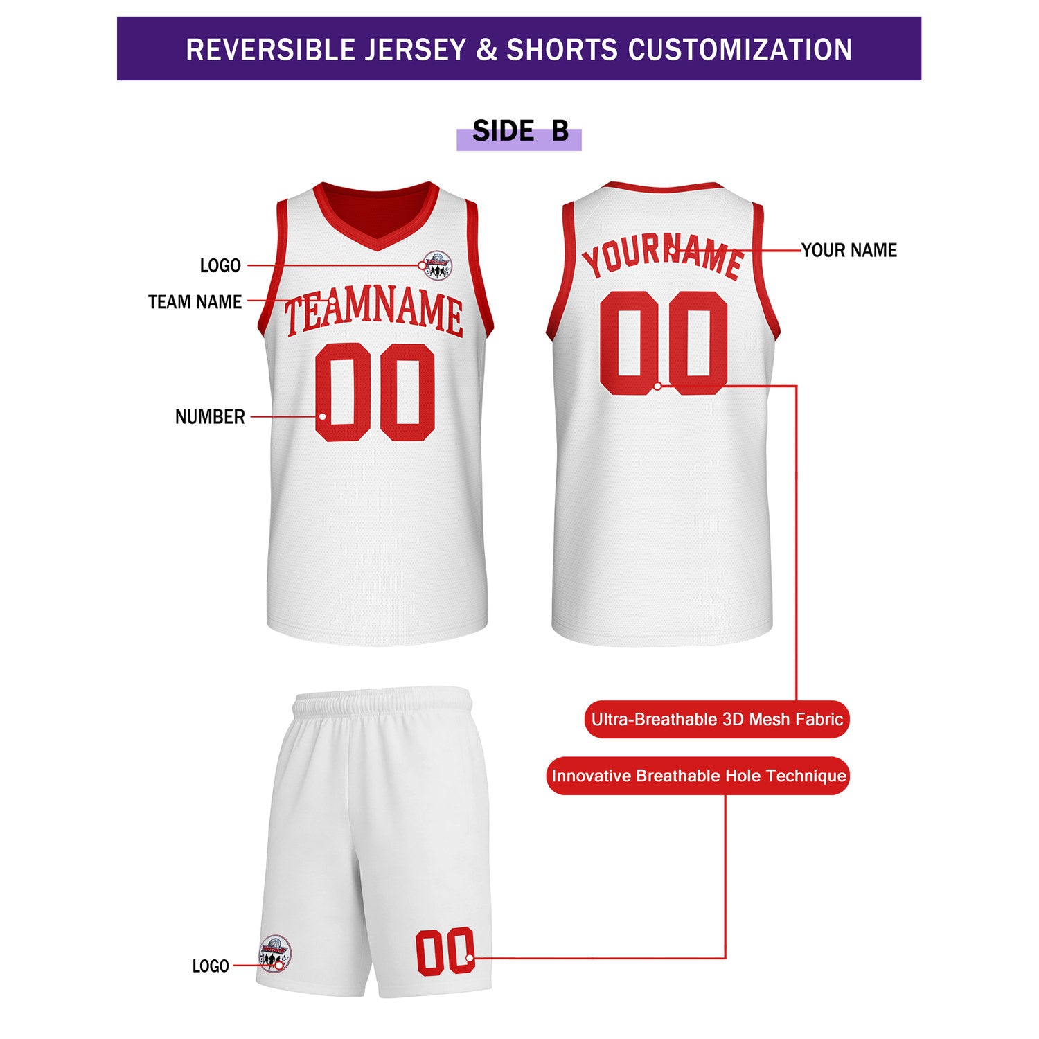 Custom Red & White Reversible Basketball Uniform Set | Personalized Team Name & Number - Vosoli