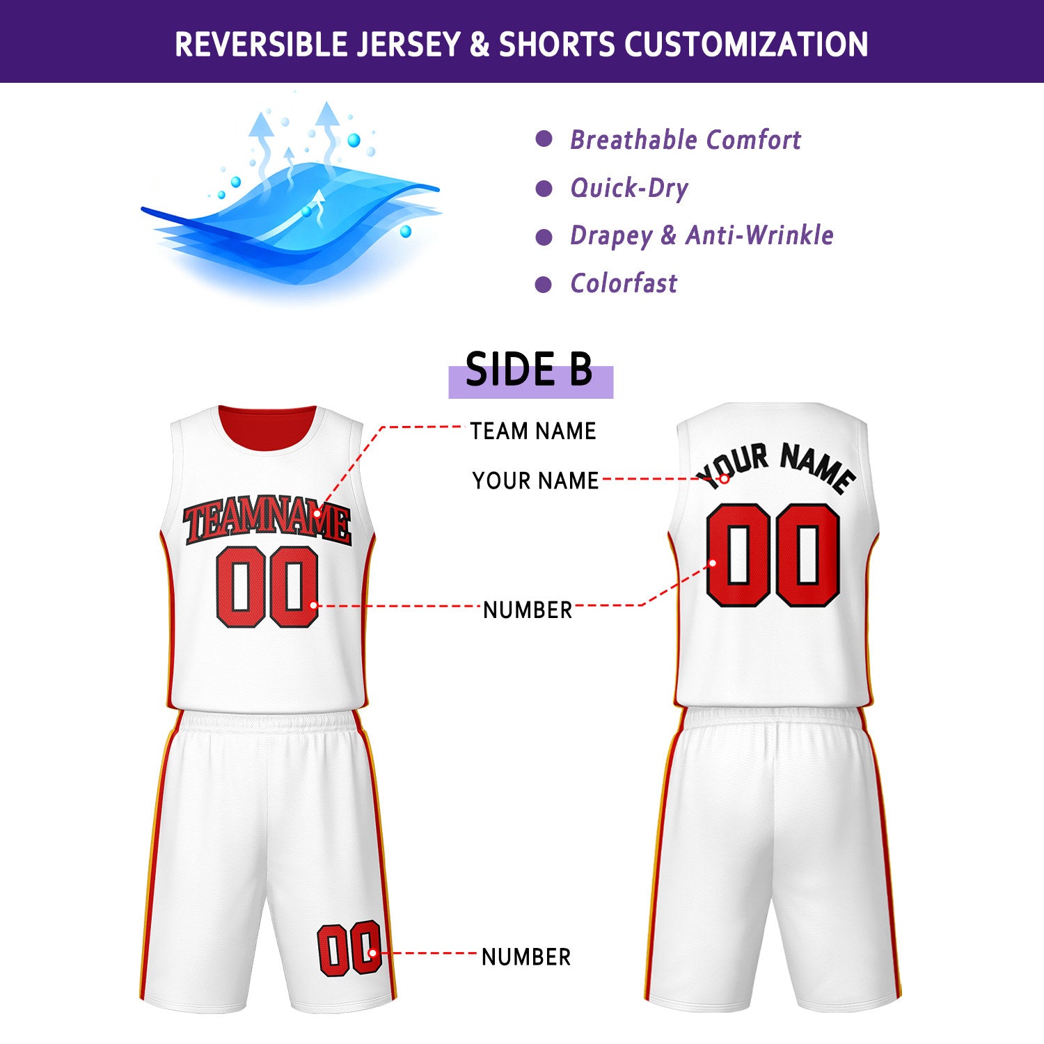 Custom Red & White Reversible Basketball Jersey Shorts Set | Personalized Team Uniform