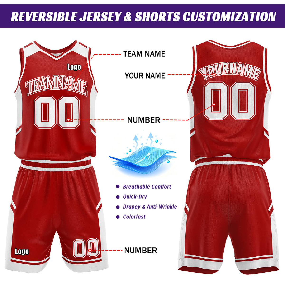 ustom Reversible Basketball Uniform Set | Red & White V-Neck Sleeveless Jersey & Athletic Shorts