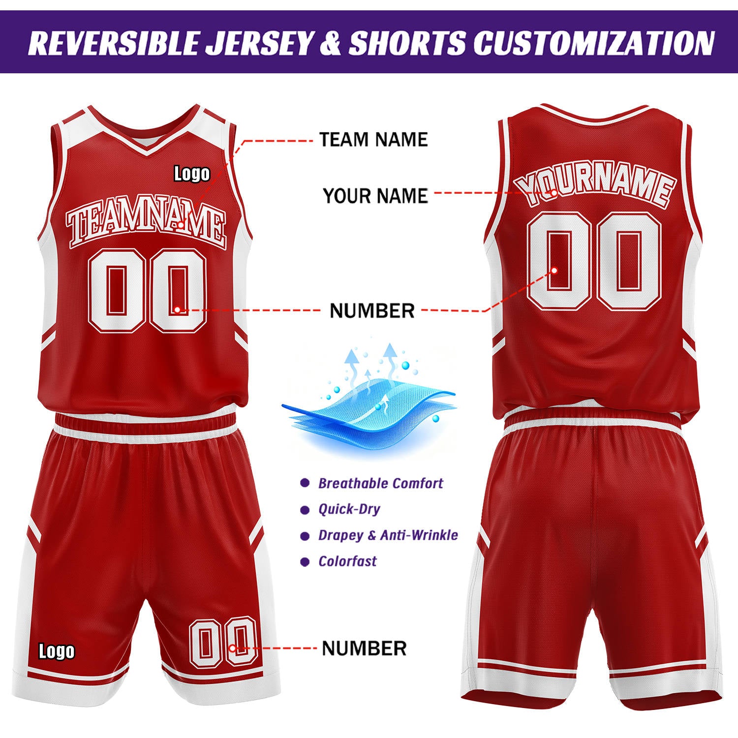 ustom Reversible Basketball Uniform Set | Red & White V-Neck Sleeveless Jersey & Athletic Shorts