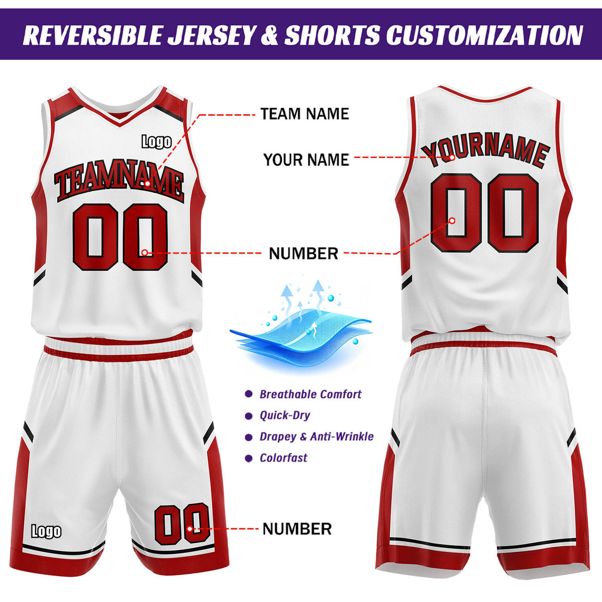 ustom Reversible Basketball Uniform Set | Red & White V-Neck Sleeveless Jersey & Athletic Shorts
