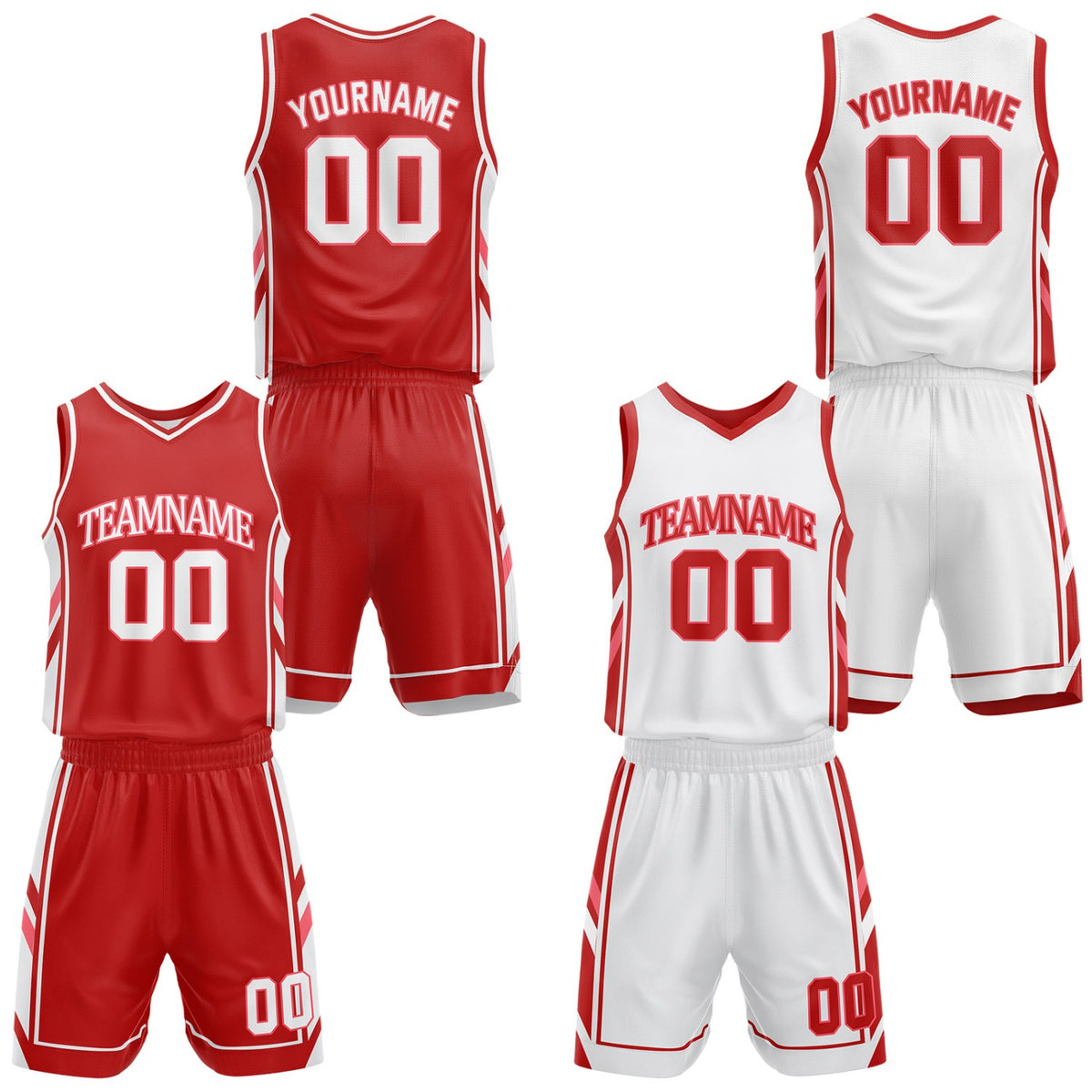Custom red and white reversible basketball uniform by Vosoli. Personalized with team name, number, and logo. Breathable mesh jersey and shorts for high school, college, and AAU teams.
