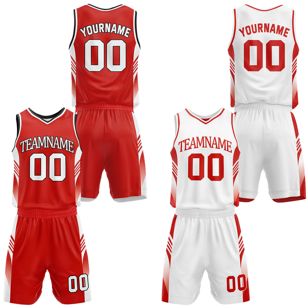 Custom red and white reversible basketball uniform by Vosoli. Personalized with team name, number, and logo. Breathable mesh jersey and shorts for high school, college, AAU teams.