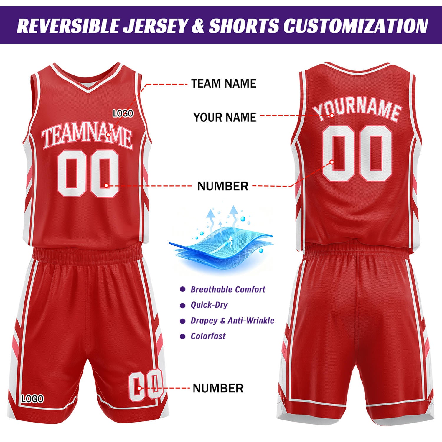 Custom Red & White Reversible Basketball Uniform Set | Personalized Name Number Sports Jersey Shorts Kit