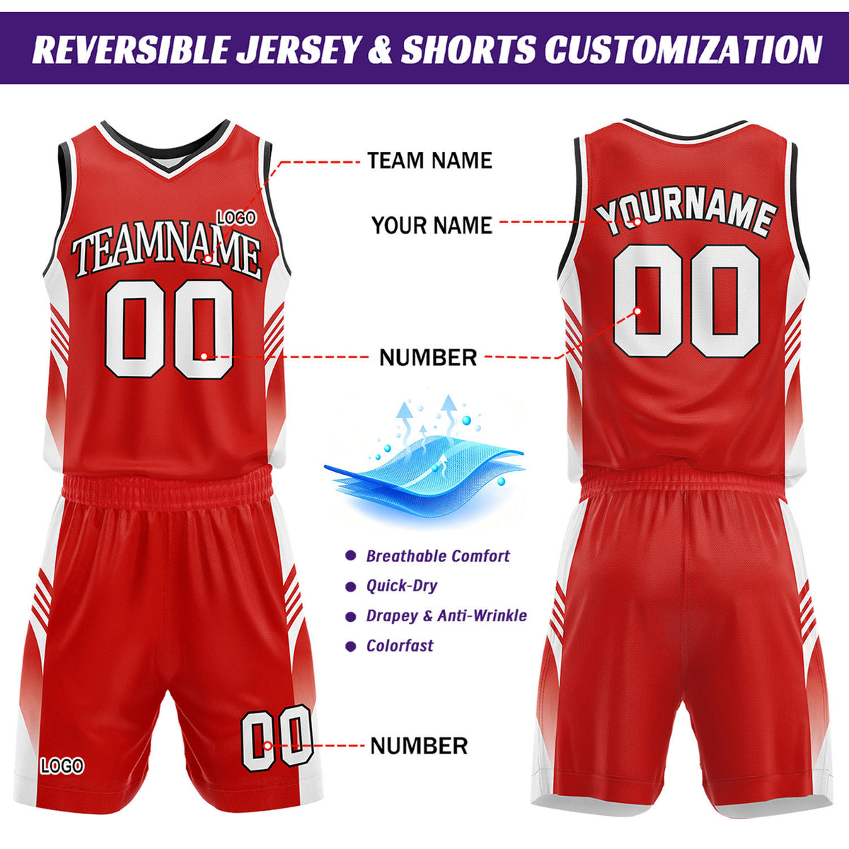 Custom Red & White Reversible Basketball Uniform Set | Personalized Team Jersey Kit