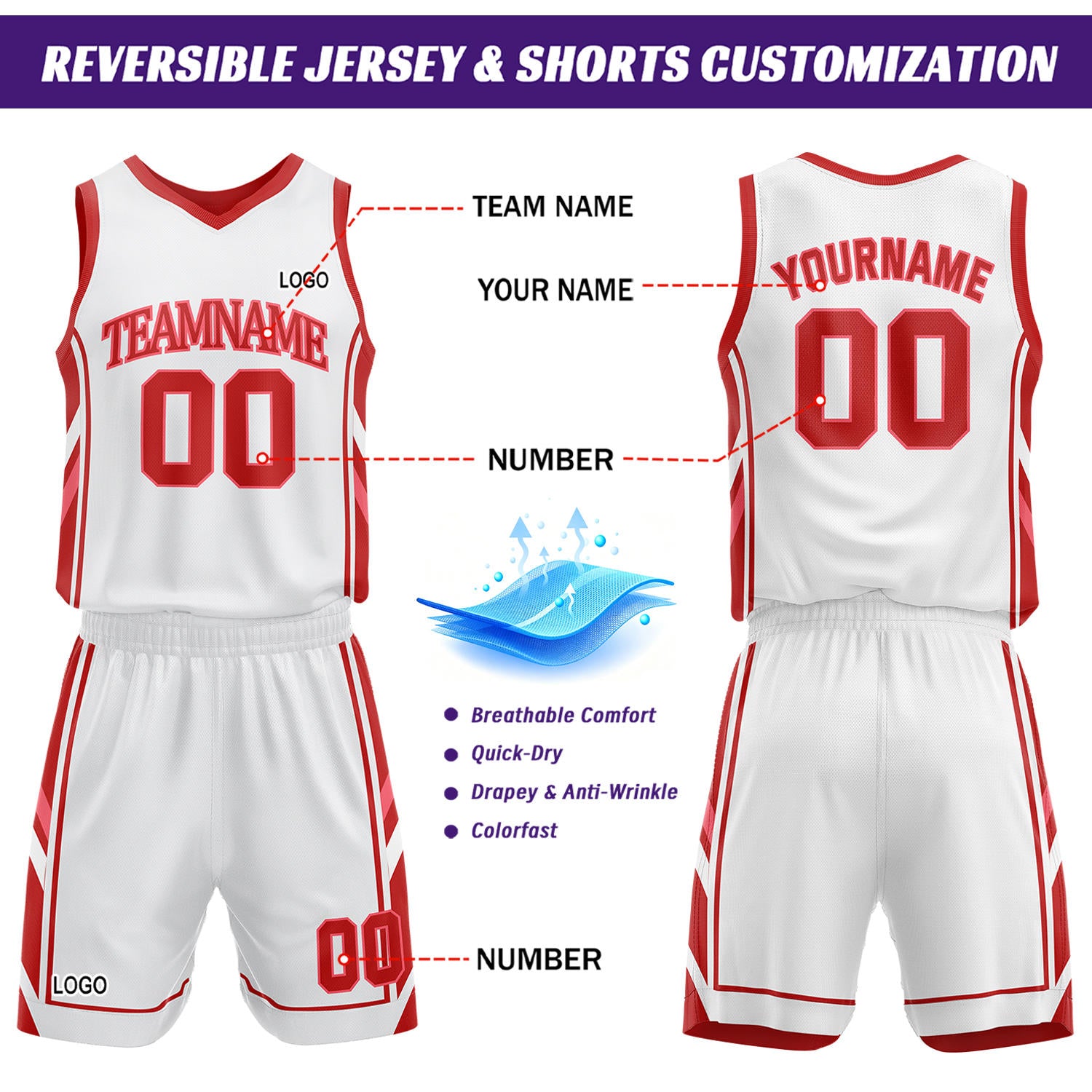Custom Red & White Reversible Basketball Uniform Set | Personalized Name Number Sports Jersey Shorts Kit