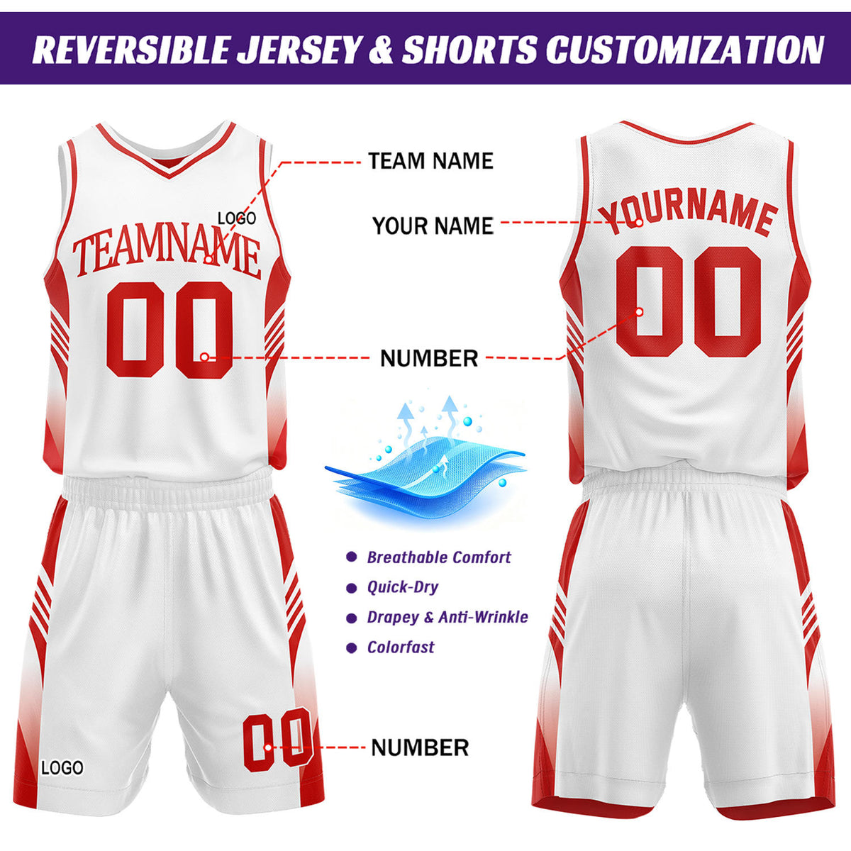 Custom Red & White Reversible Basketball Uniform Set | Personalized Team Jersey Kit
