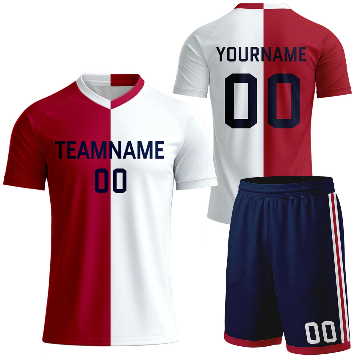 custom red white split adult soccer uniforms by Vosoli, personalized team name, player name &amp; number, breathable short sleeve V-neck soccer jersey with shorts for adult soccer matches