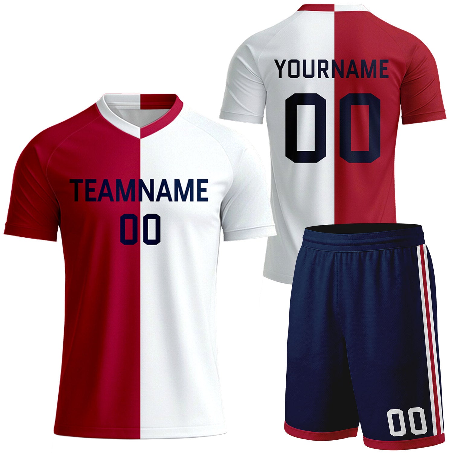 custom red white split adult soccer uniforms by Vosoli, personalized team name, player name & number, breathable short sleeve V-neck soccer jersey with shorts for adult soccer matches