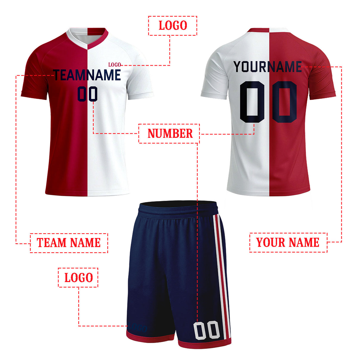 Custom Red & White Split Soccer Uniform Set | Personalized Jersey & Shorts for Adult & Youth