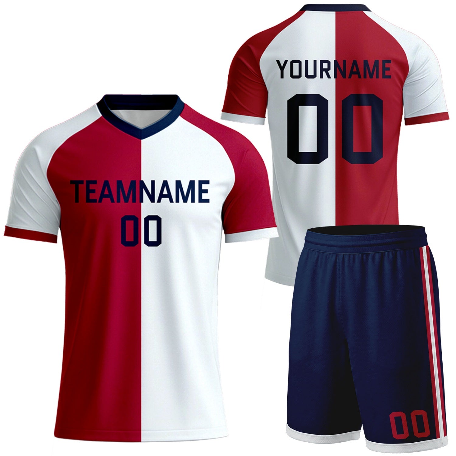custom red white split club soccer kits by Vosoli, personalized team name, player name & number, breathable short sleeve V-neck soccer jersey with shorts for club matches