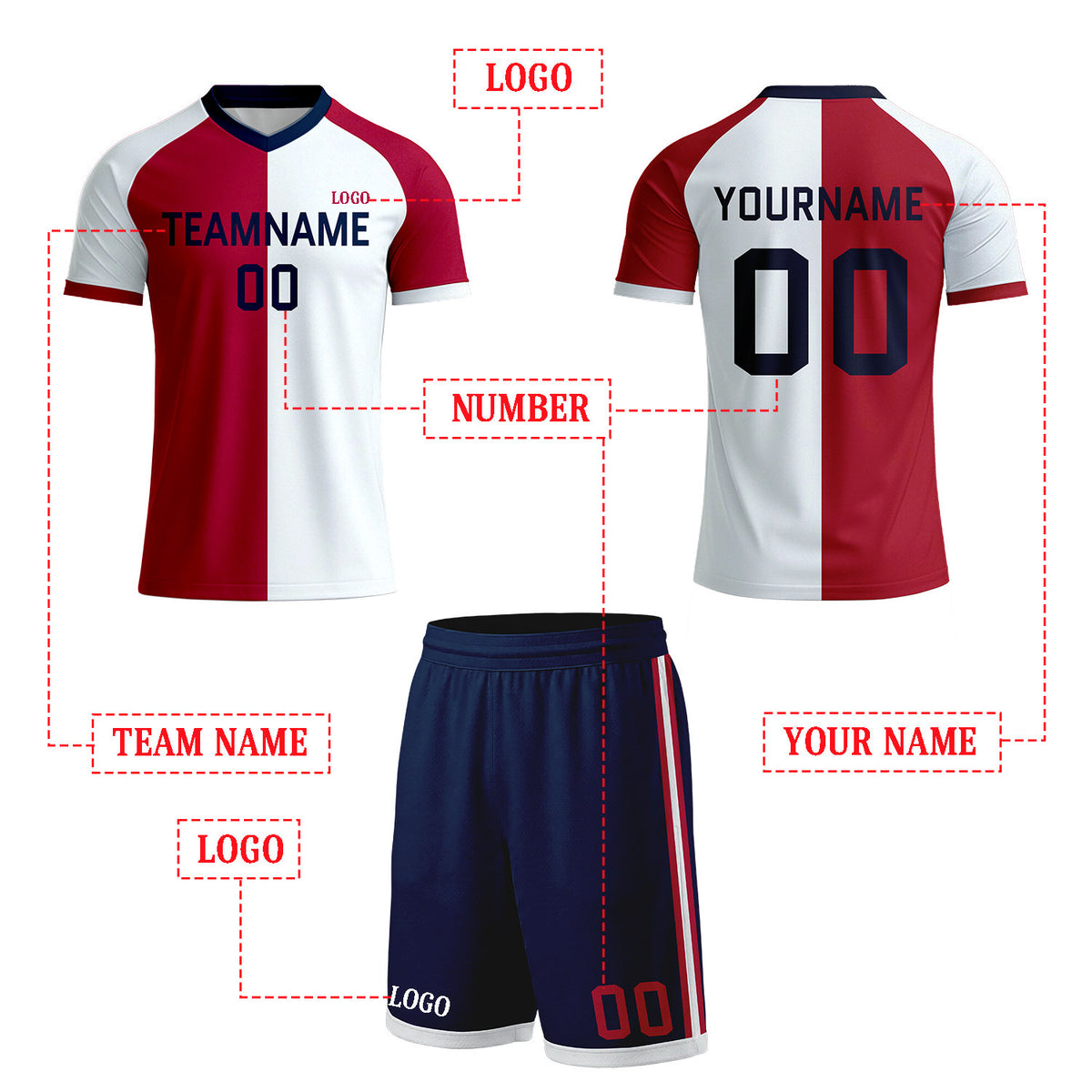 Custom Red & White Split Soccer Kit Set | Personalized Jersey & Shorts for Youth & Adult