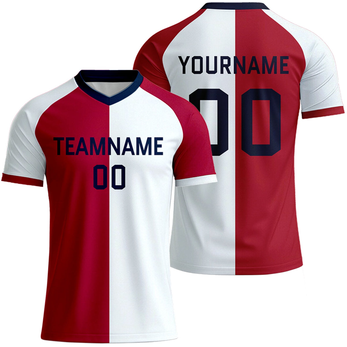 custom red white split soccer jersey for travel teams by Vosoli, personalized team name, player name &amp; number, breathable short sleeve V-neck soccer uniform for travel team matches
