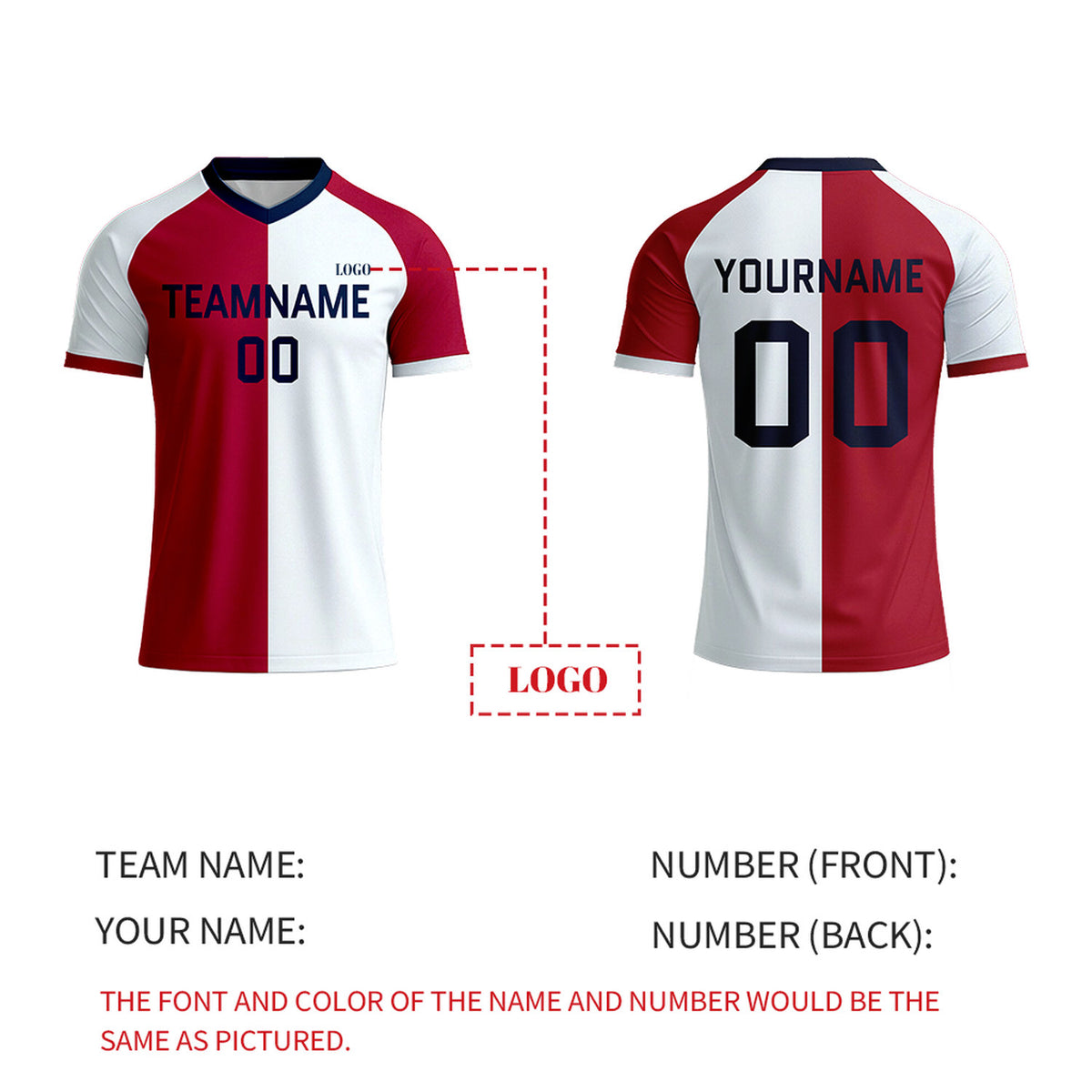Custom Red & White Split Soccer Jersey | Personalized Short Sleeve V-Neck Uniform for Youth & Adult