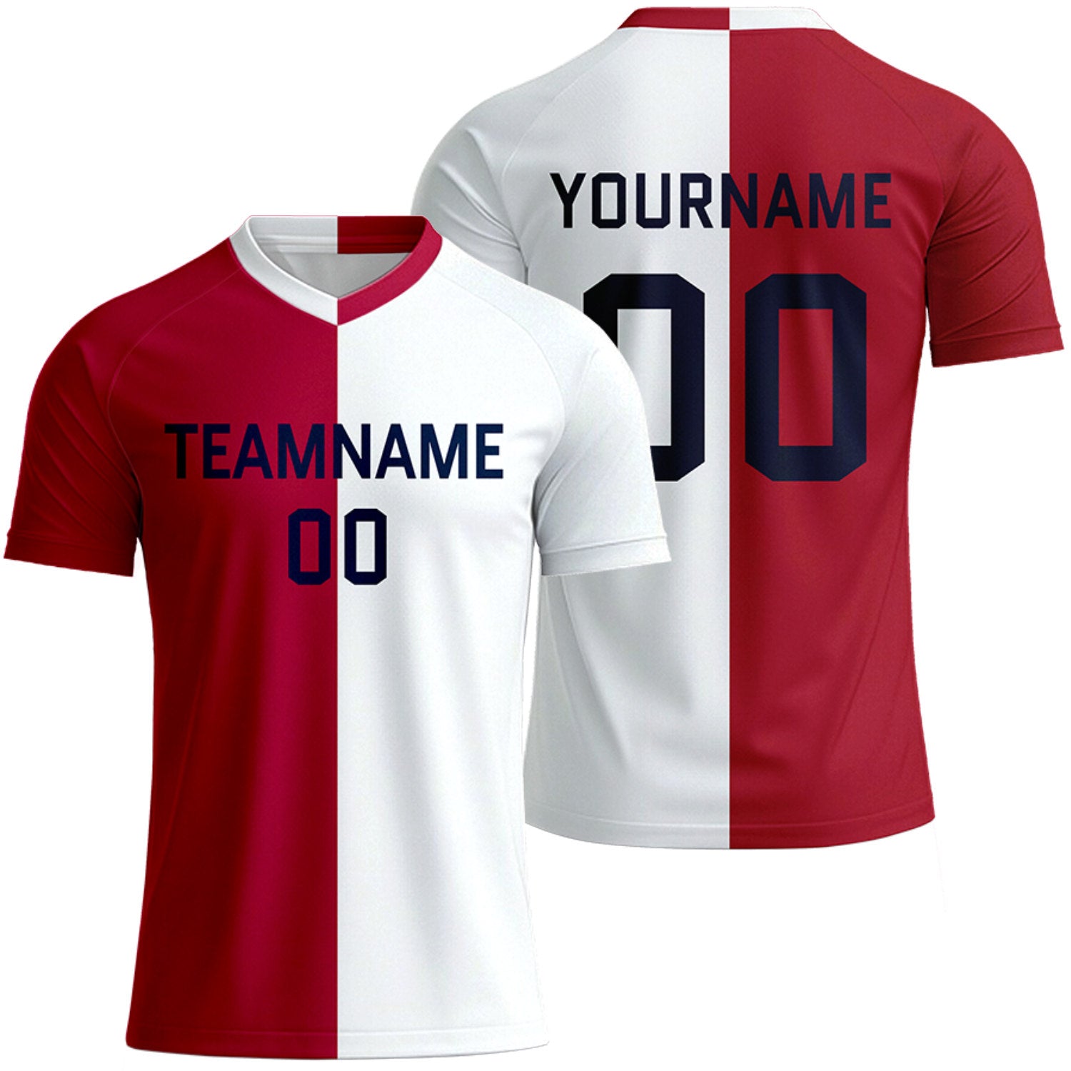 custom red white split soccer jerseys with names numbers logo by Vosoli, personalized team name, player name & number, breathable short sleeve V-neck soccer uniform for team matches