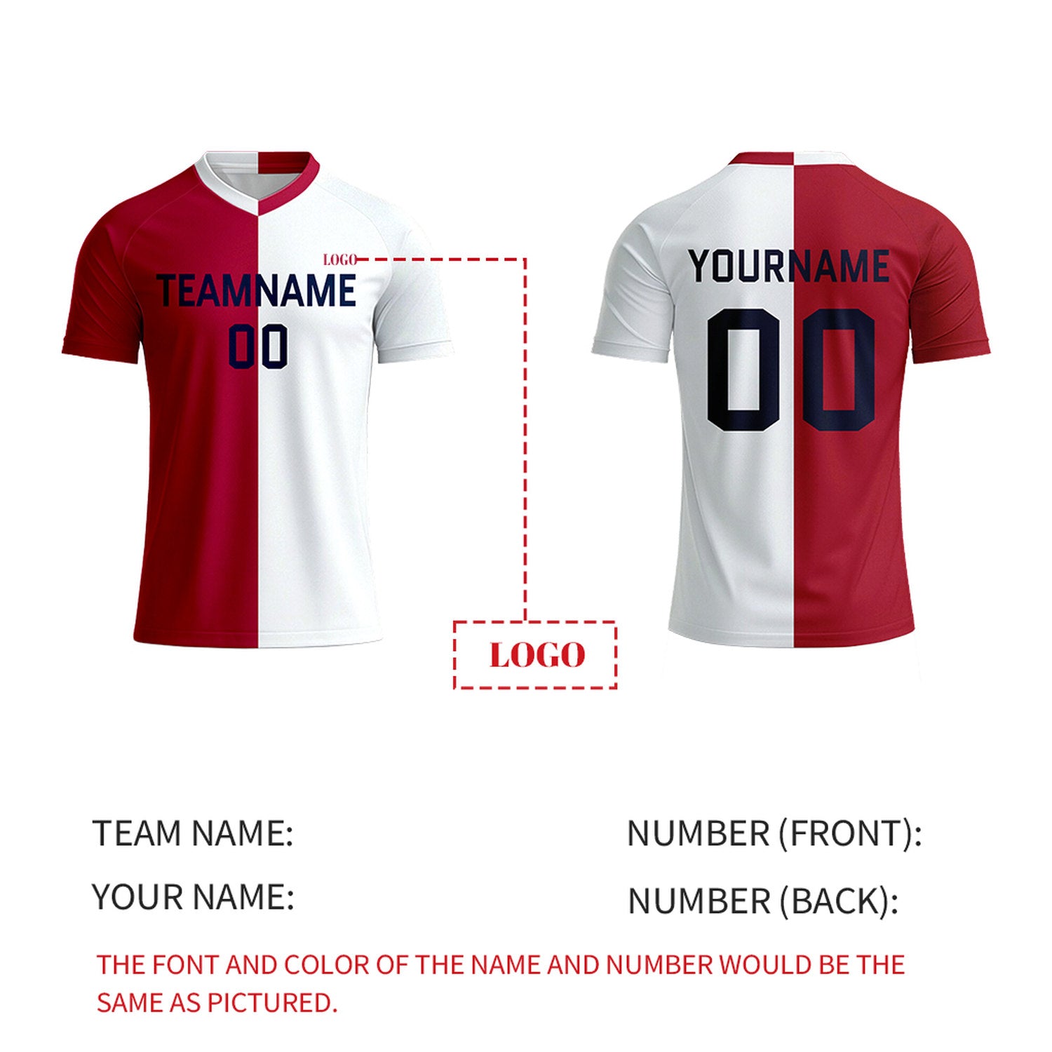 Custom Red & White Split Soccer Jersey | Personalized Short Sleeve V-Neck Uniform for Youth & Adult
