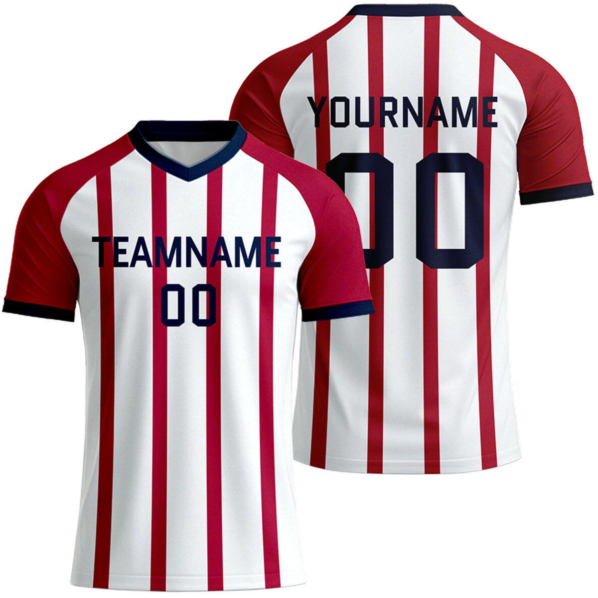 custom red white striped soccer jersey for recreational teams by Vosoli, personalized team name, player name &amp; number, breathable short sleeve V-neck soccer uniform for recreational team matches