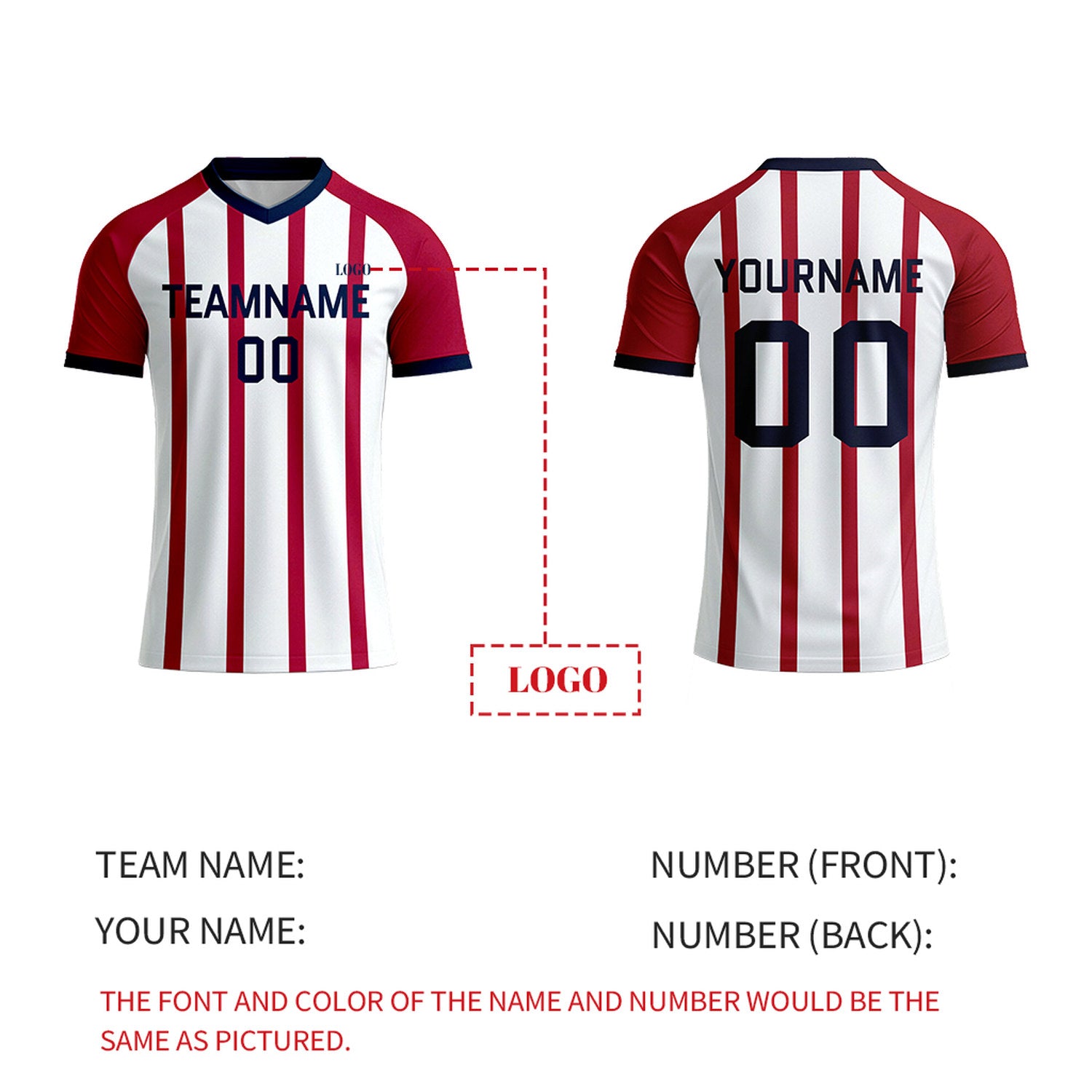 Custom Red & White Striped Soccer Jersey | Personalized Short Sleeve V-Neck Uniform for Youth & Adult