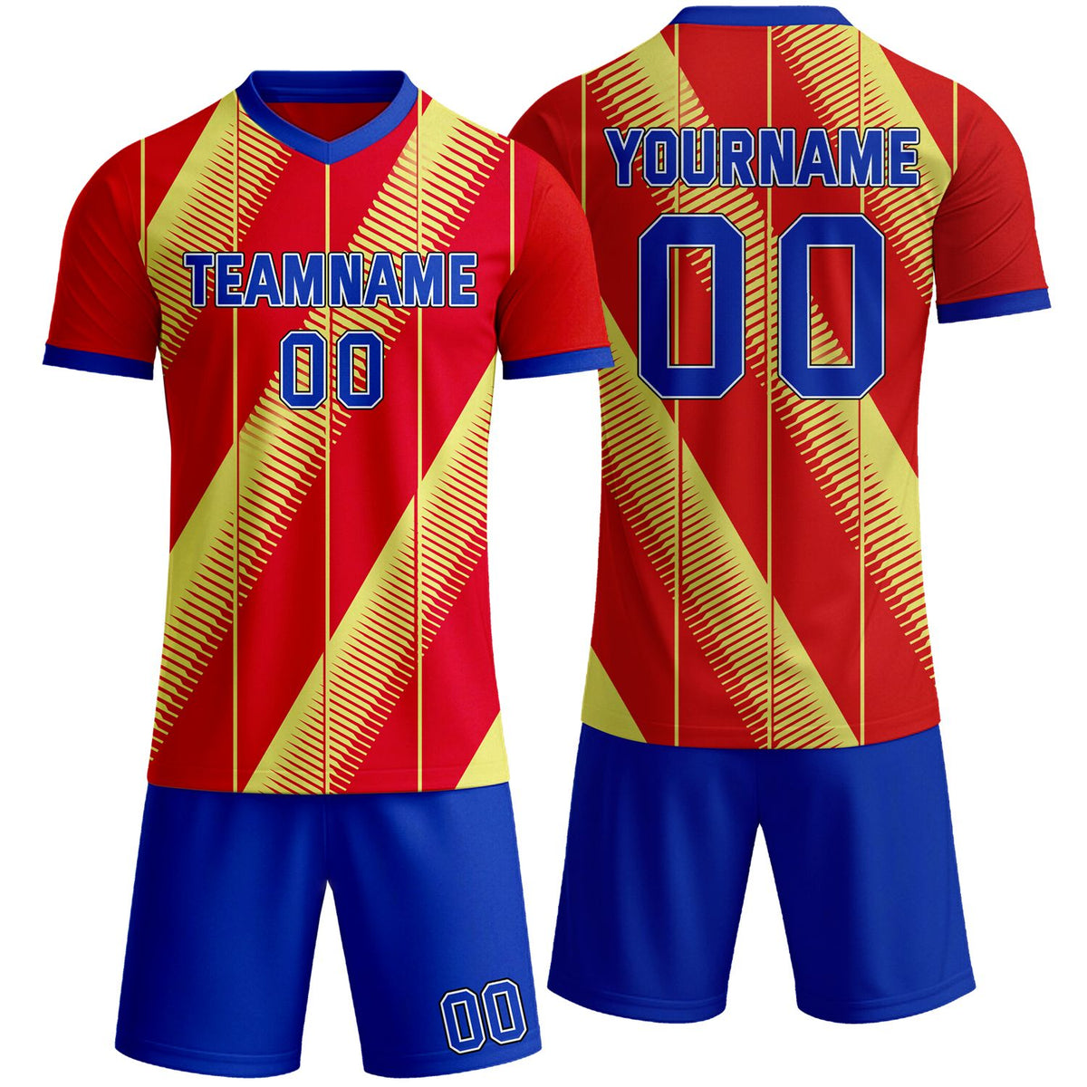 Custom red yellow blue stripe soccer jersey set, personalized name number team logo, short-sleeve jersey with matching shorts sports uniform for men women youth adult game practice - Vosoli