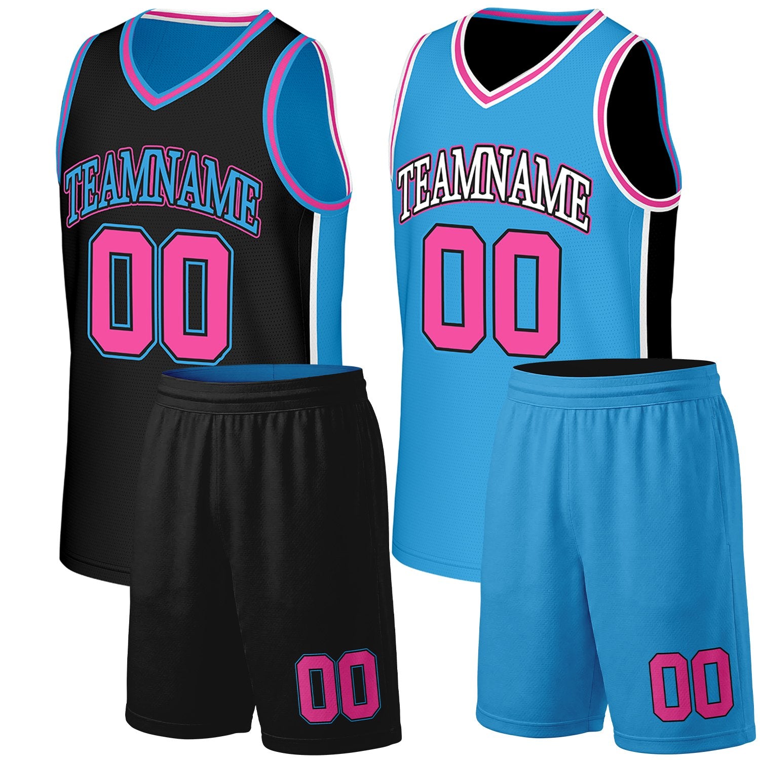 Custom basketball jersey set black carolina blue reversible by Vosoli. Personalized team name, number & logo. Breathable mesh. Fast delivery.