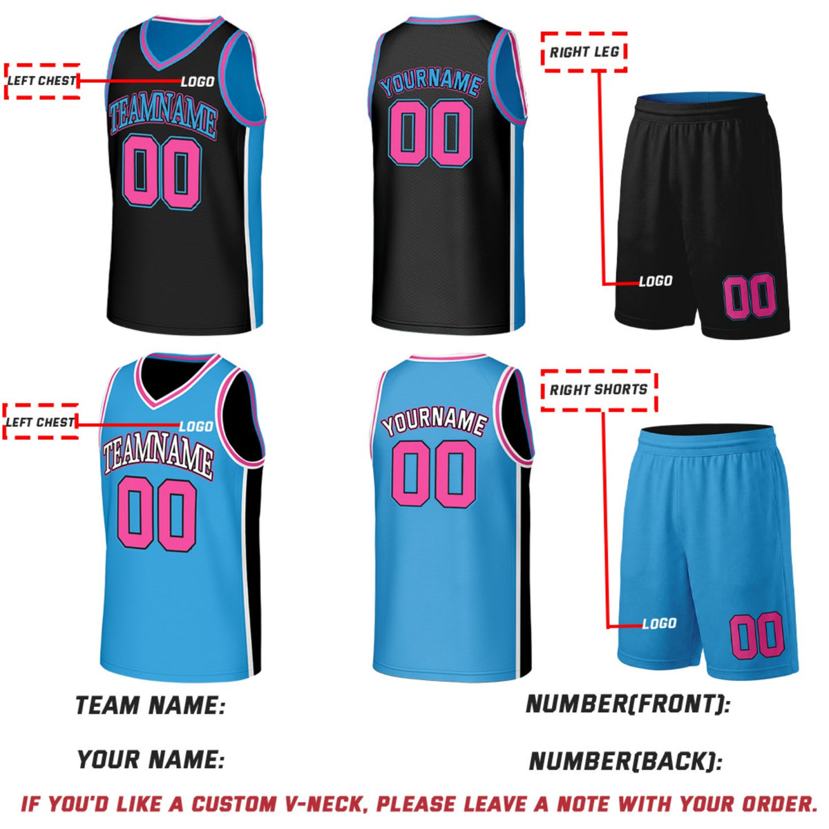 Custom Black & Carolina Blue Double Sided Basketball Uniform Set | Personalized Team Uniforms for Adult & Youth
