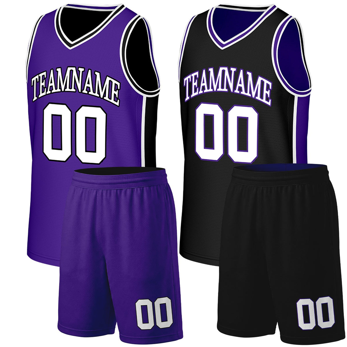 Custom basketball jersey set purple black reversible by Vosoli. Personalized team name, number &amp; logo. Breathable mesh. Fast delivery.