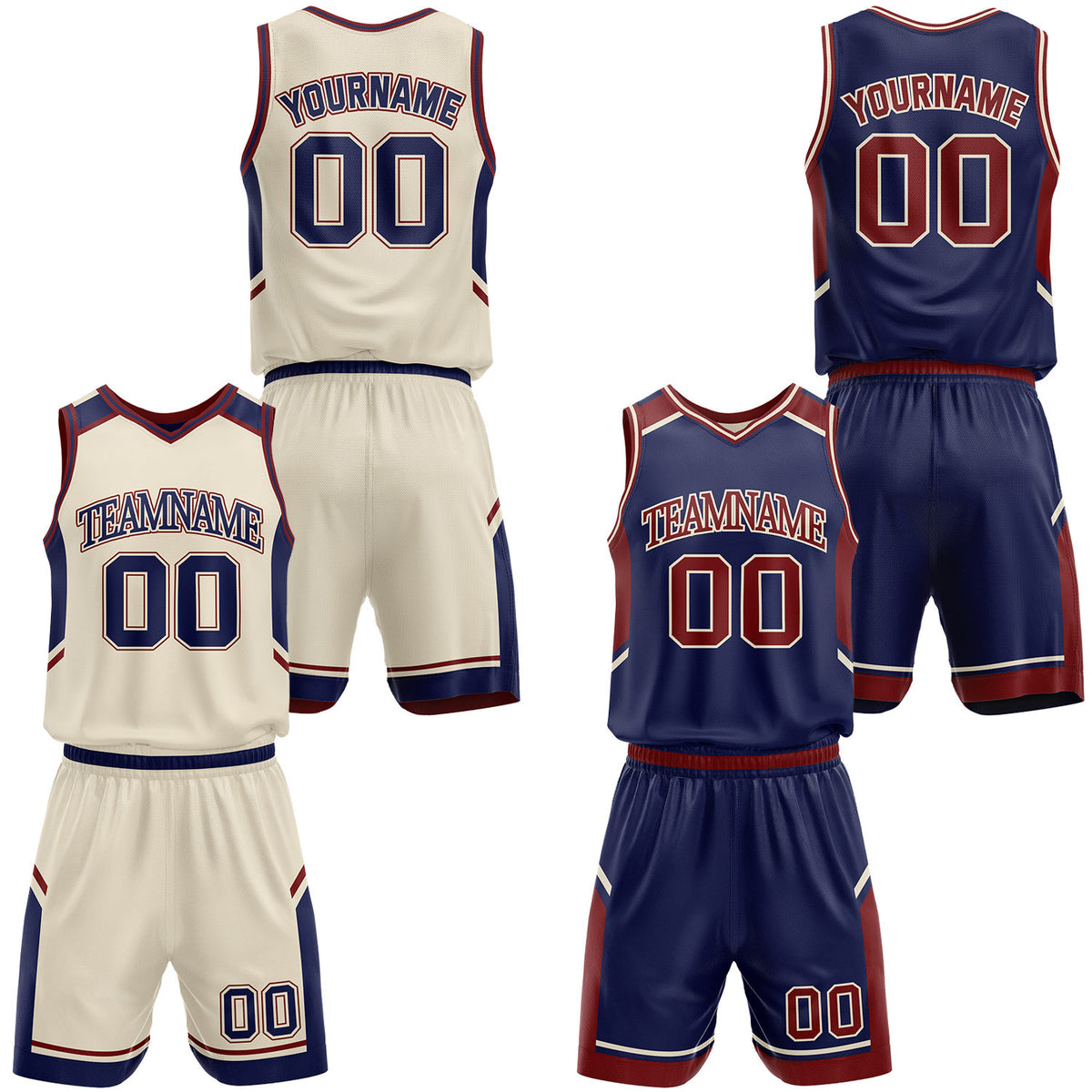 Custom reversible cream and navy basketball jerseys and shorts set, personalized team name, player number and logo, breathable moisture wicking mesh for youth and adult games.