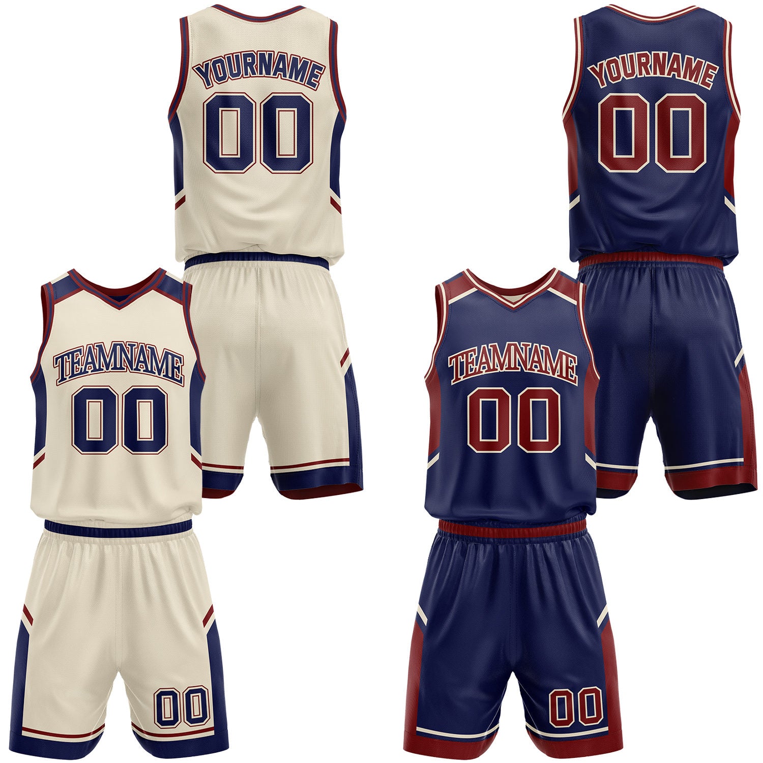 Custom reversible cream and navy basketball jerseys and shorts set, personalized team name, player number and logo, breathable moisture wicking mesh for youth and adult games.