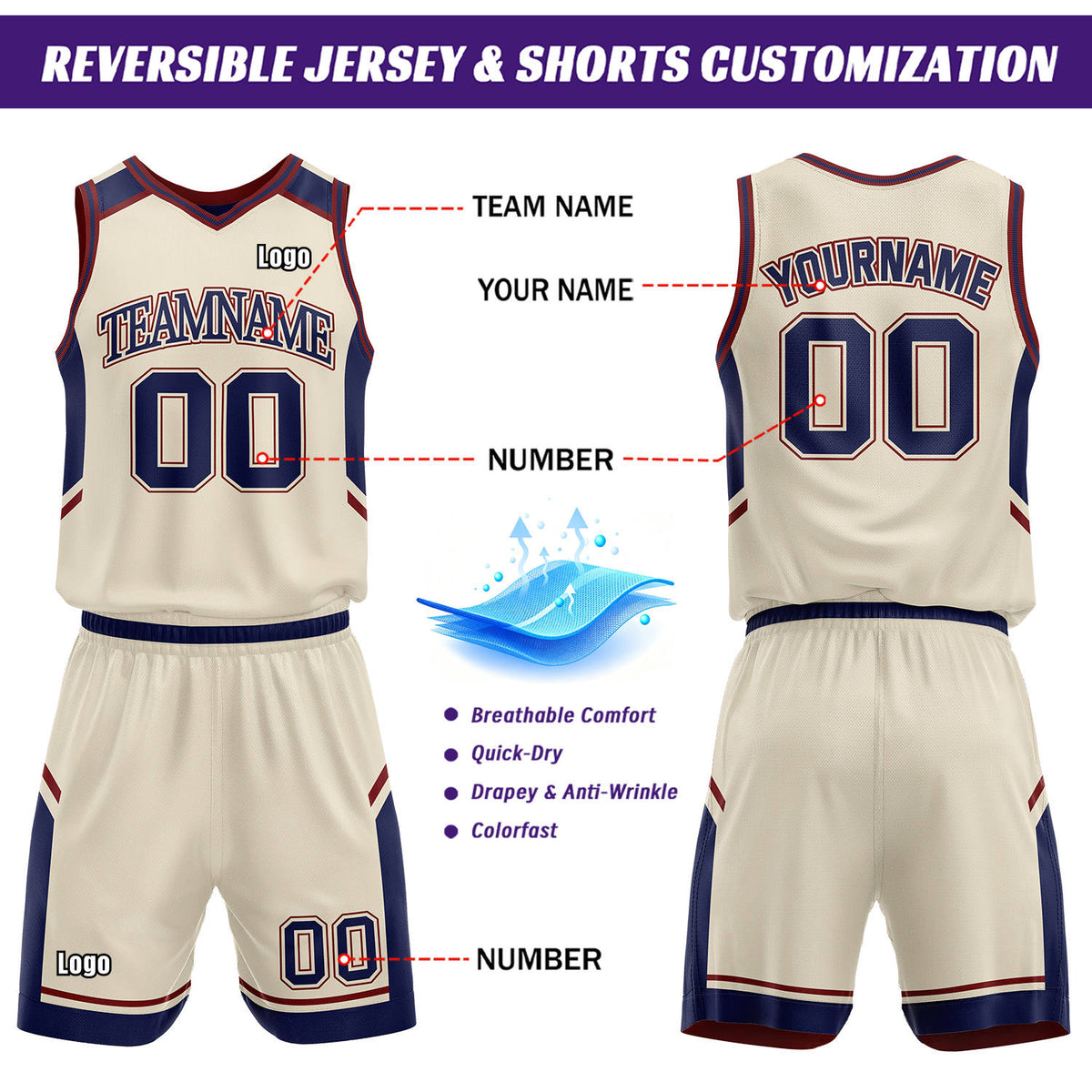 Custom Reversible Basketball Uniform Set | Cream & Navy V-Neck Sleeveless Jersey & Athletic Shorts