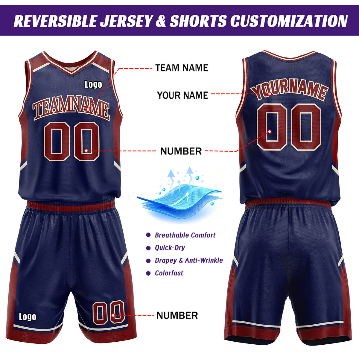 Custom Reversible Basketball Uniform Set | Cream & Navy V-Neck Sleeveless Jersey & Athletic Shorts