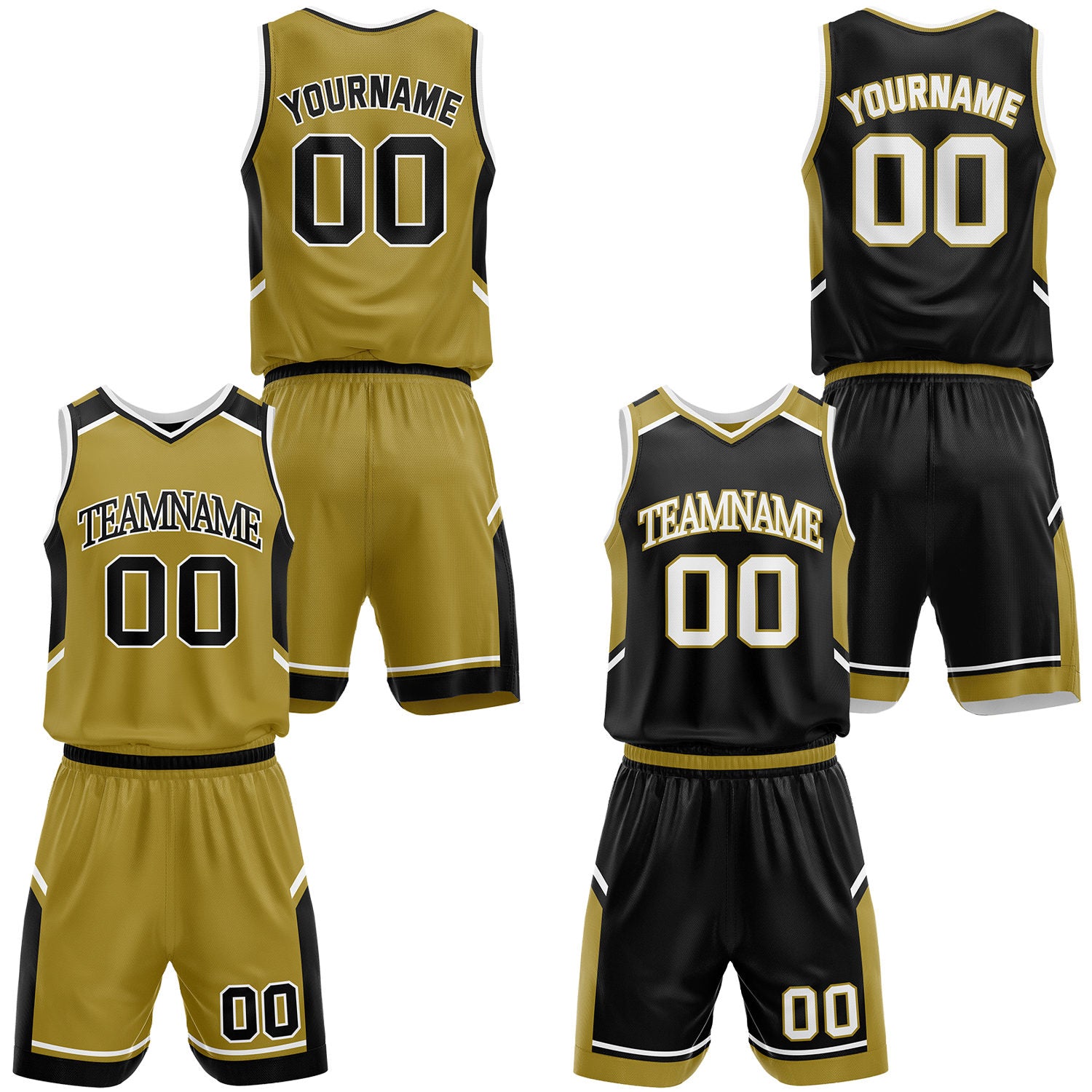 Custom reversible gold and black basketball jerseys and shorts set, personalized team name, player number and logo, breathable moisture wicking mesh for youth and adult games.