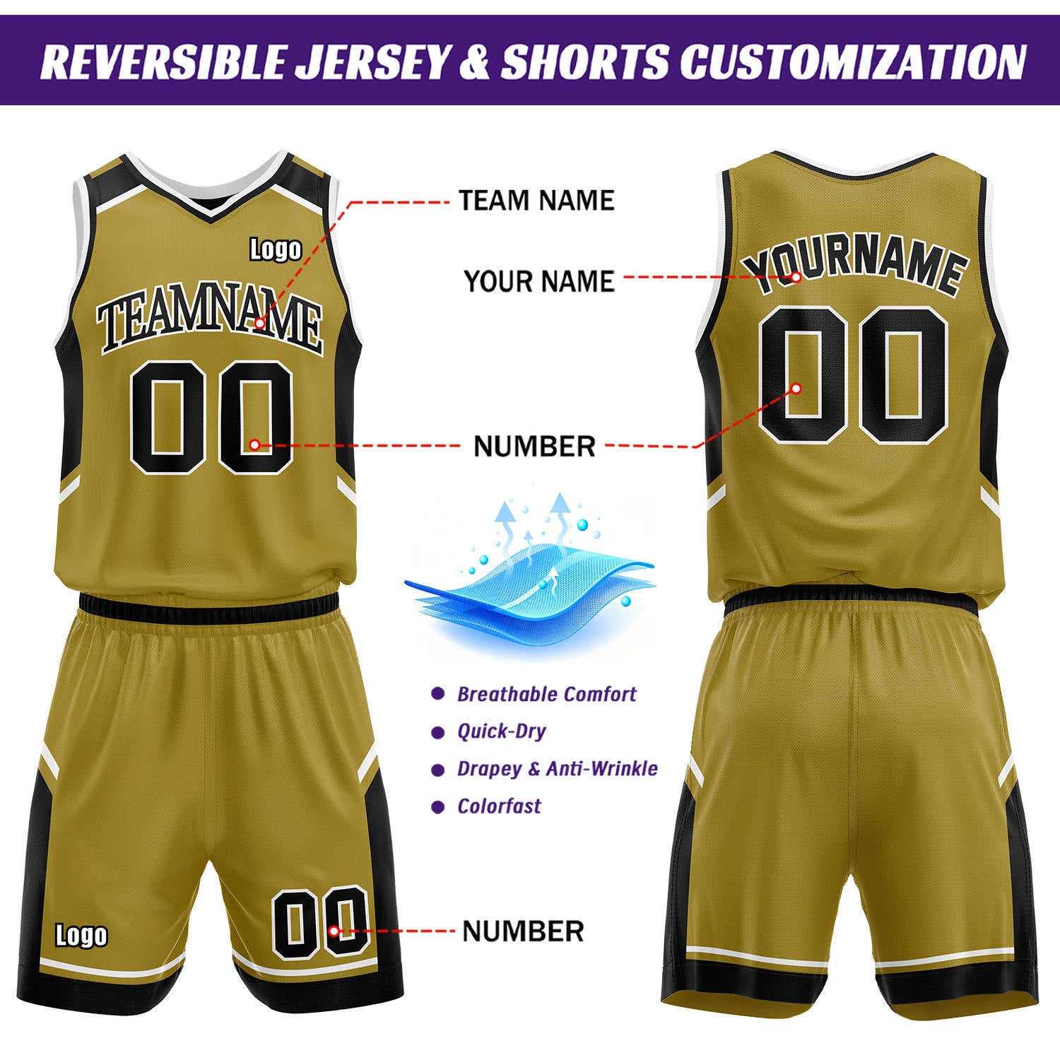 Custom Reversible Basketball Uniform Set | Gold & Black V-Neck Sleeveless Jersey & Athletic Shorts