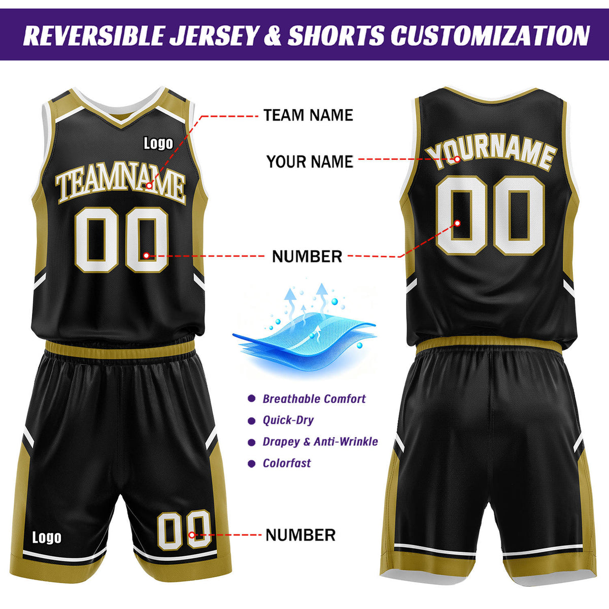 Custom Reversible Basketball Uniform Set | Gold & Black V-Neck Sleeveless Jersey & Athletic Shorts
