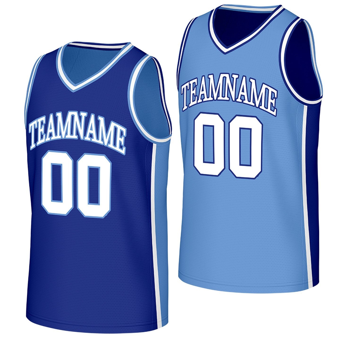 custom reversible basketball jerseys for teams navy light blue reversible by Vosoli, Personalized team name, number & logo. Fast delivery.