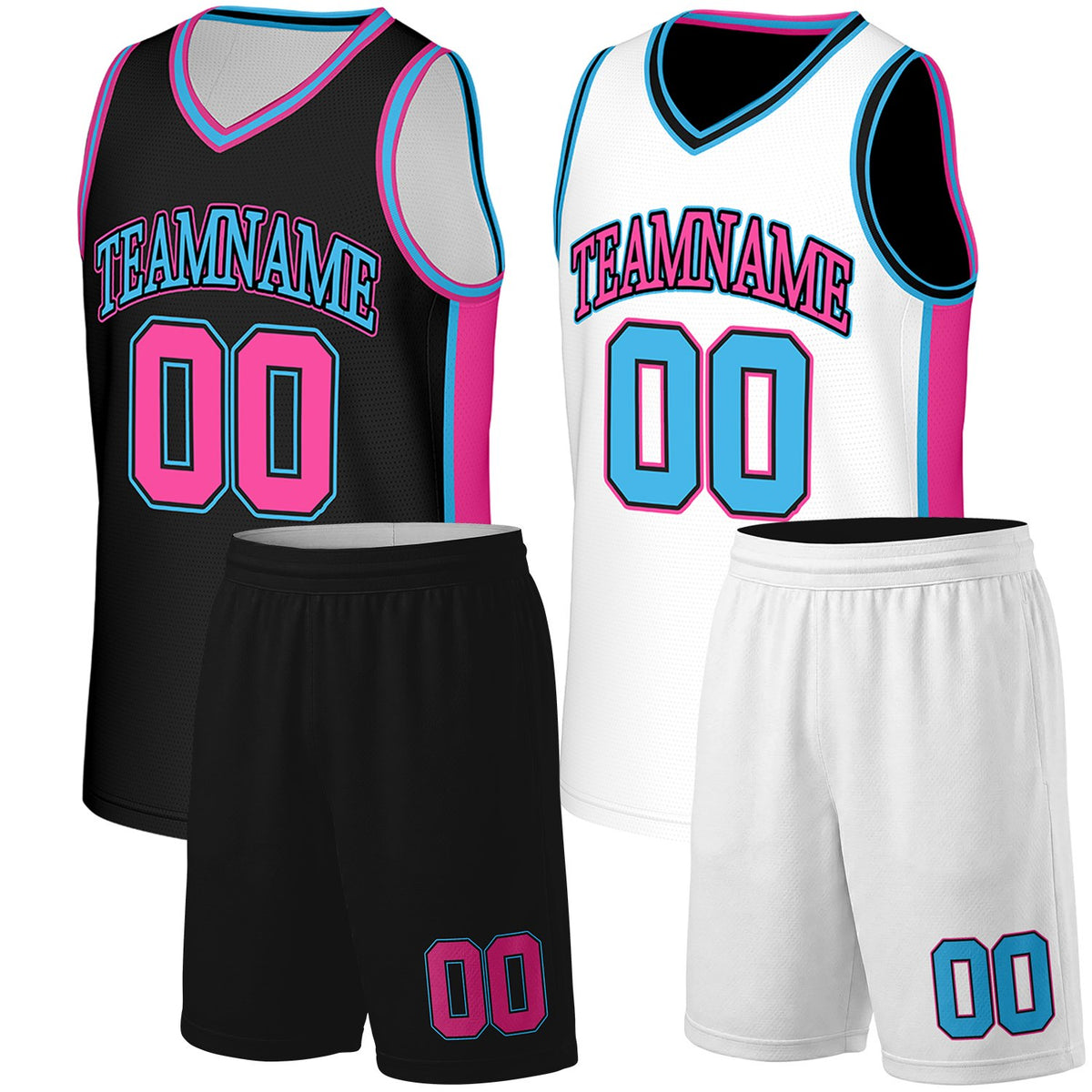 Custom basketball uniform set black white reversible by Vosoli. Personalized team name, number & logo. Breathable mesh. Fast delivery.