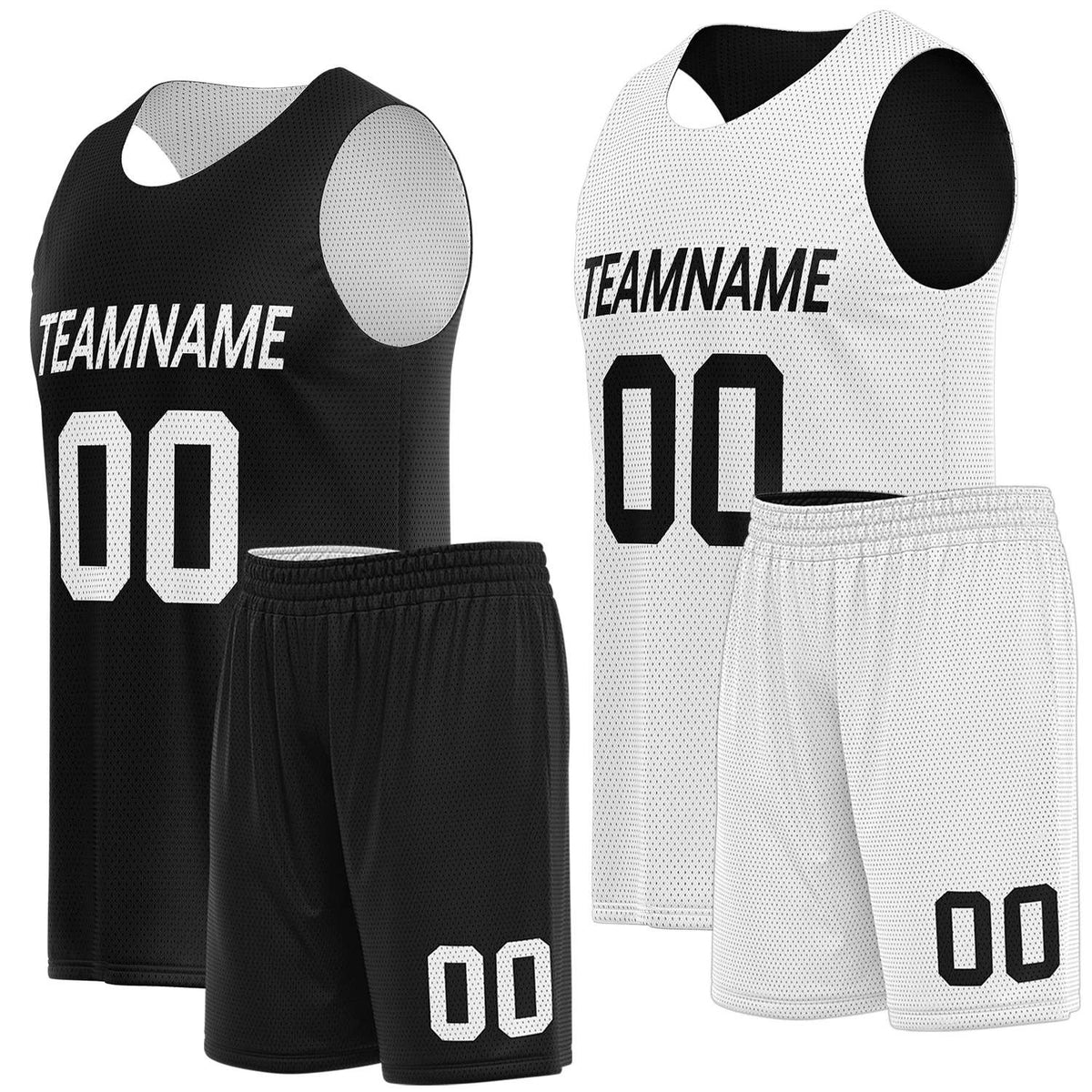 Custom reversible basketball uniform set black white by Vosoli. Personalized team name, player number & logo. Breathable mesh. Fast delivery.