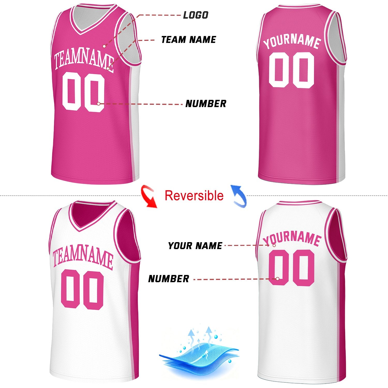 Custom Hot Pink & White Double Sided Basketball Uniform Set | Personalized Team Uniforms for Adult & Youth