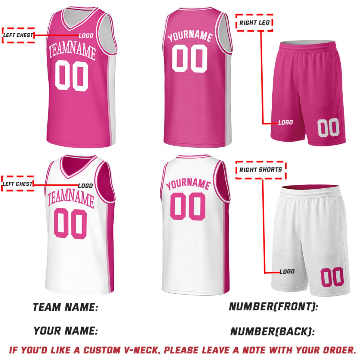 Custom Hot Pink & White Double Sided Basketball Uniform Set | Personalized Team Uniforms for Adult & Youth