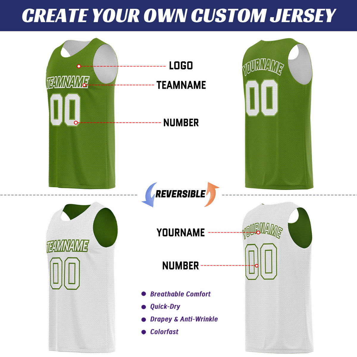 Custom Olive Green & White Double Sided Basketball Uniform Set | Breathable Mesh Tank Top and Shorts