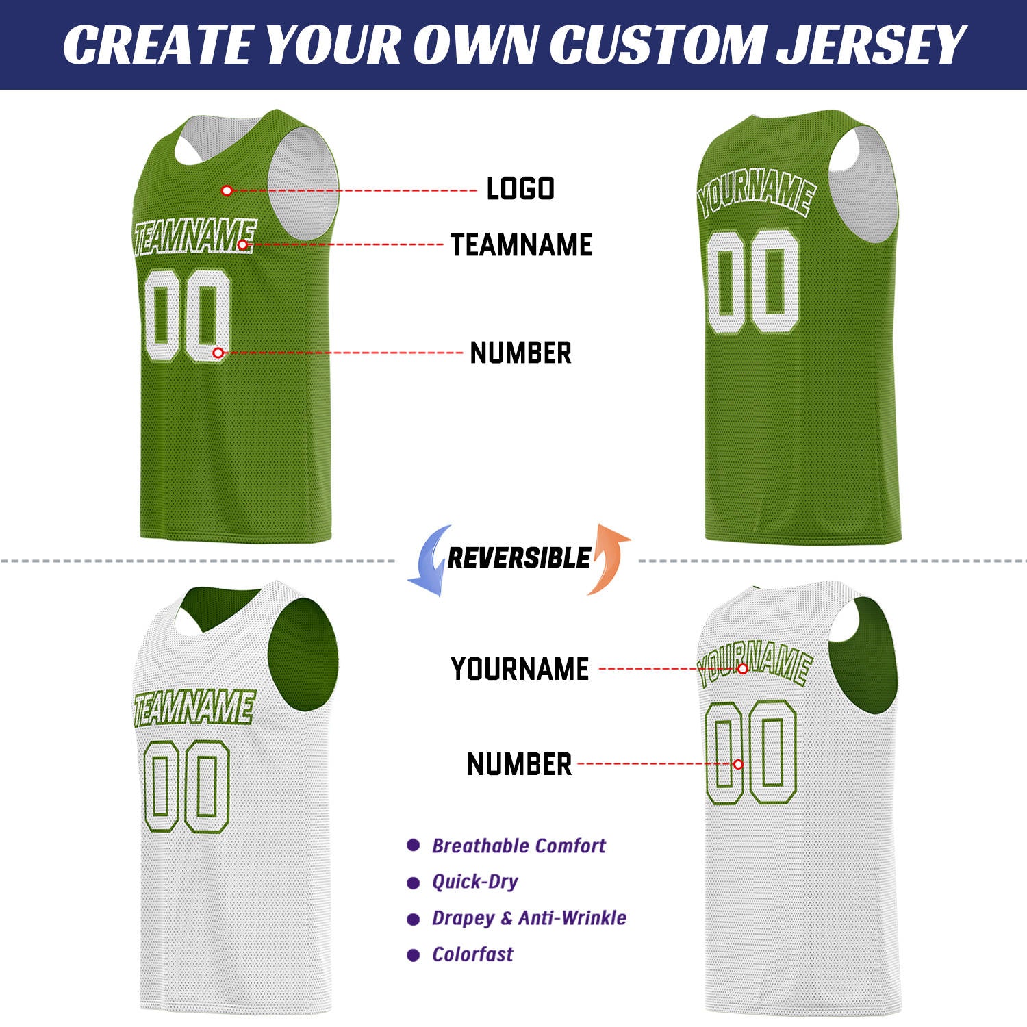 Custom reversible basketball uniform set olive green white by Vosoli. Personalized team name, player number & logo. Breathable mesh. Fast delivery.