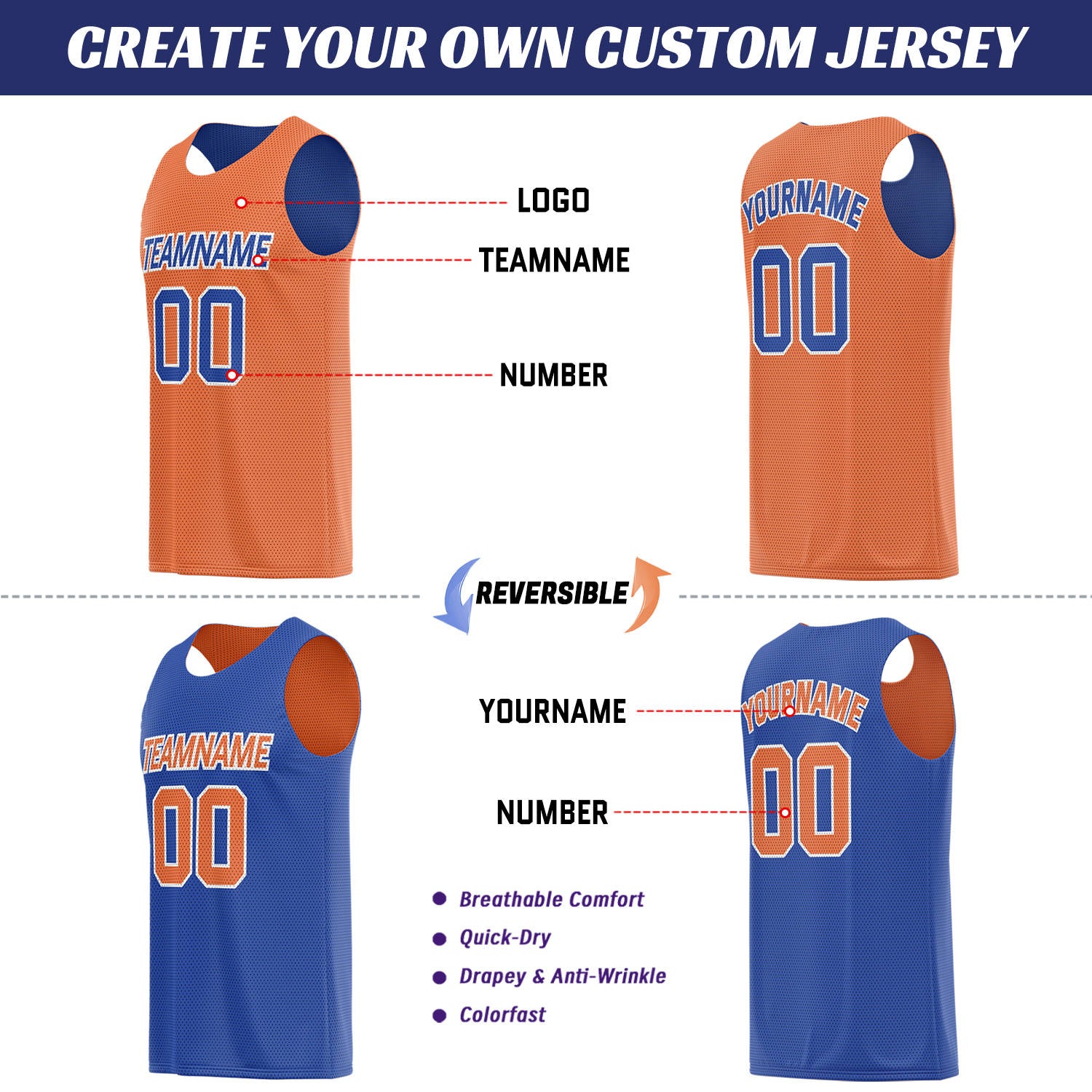 Custom Orange & Royal Blue Double Sided Basketball Uniform Set | Breathable Mesh Tank Top and Shorts