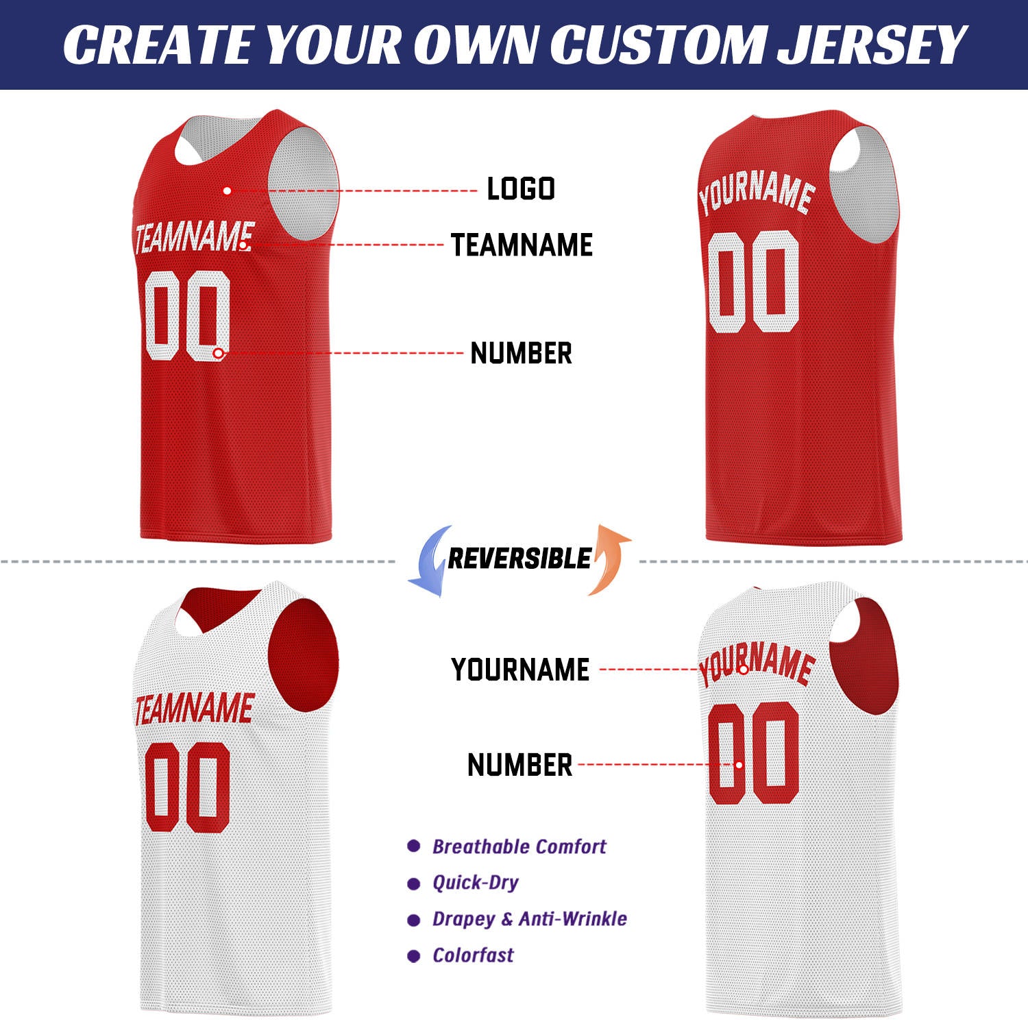 Custom Red & White Double Sided Basketball Uniform Set | Breathable Mesh Tank Top and Shorts