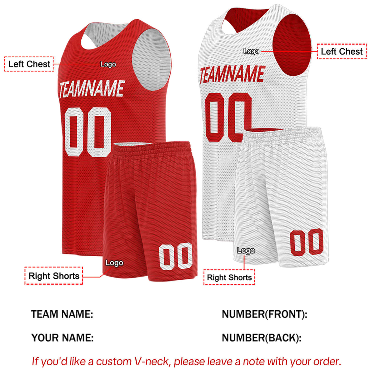 Custom Red & White Double Sided Basketball Uniform Set | Breathable Mesh Tank Top and Shorts