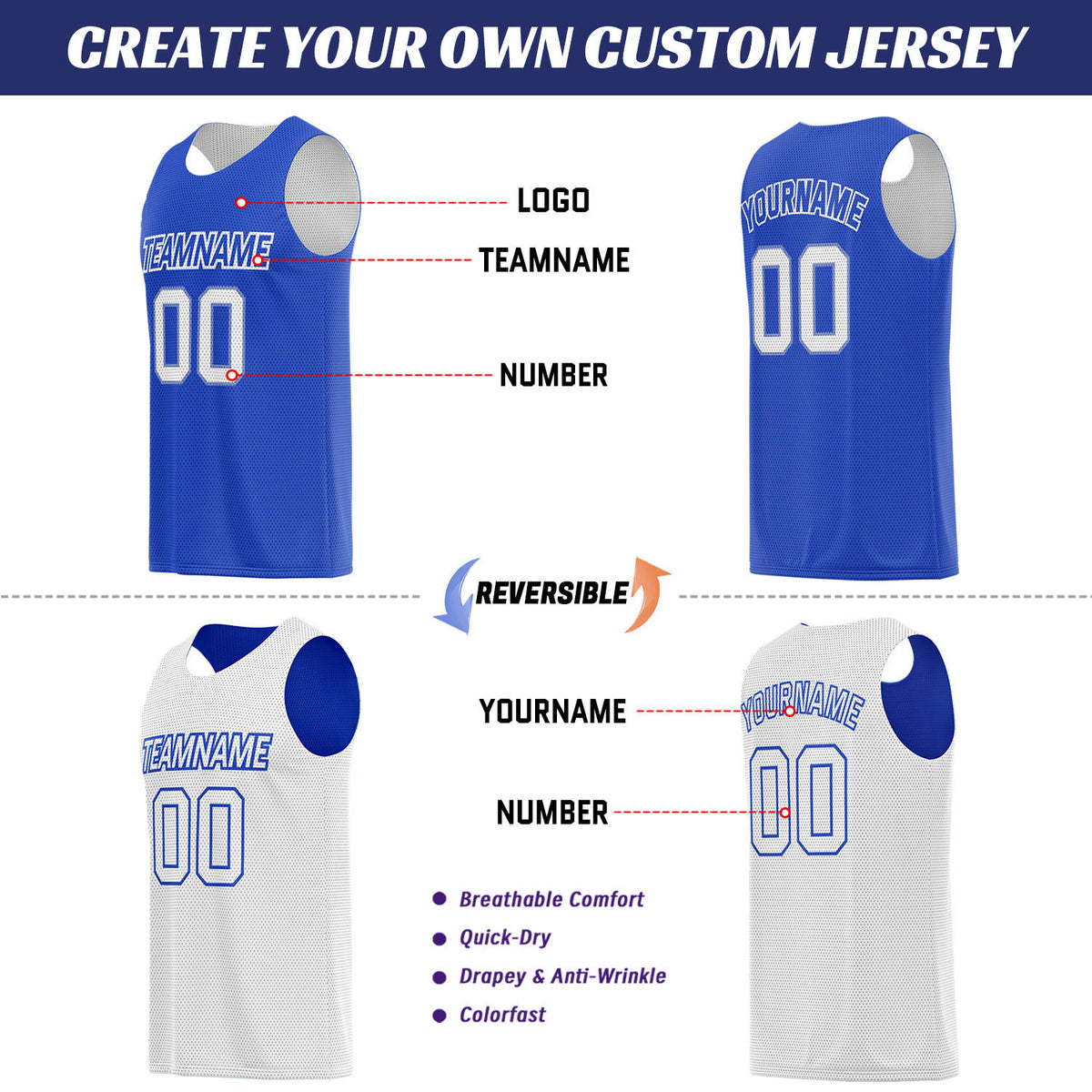 Custom Royal Blue & White Double Sided Basketball Uniform Set | Breathable Mesh Tank Top and Shorts